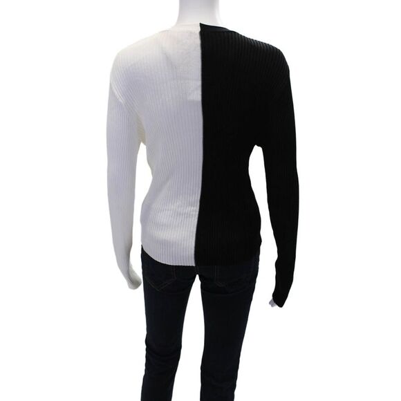 Staud Womens Two-Toned Ribbed V-Neck Button Up Cardigan Sweater Black Size L - Picture 3 of 6